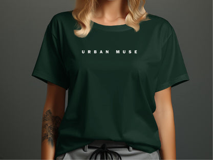 Forest Green Urban Muse T-Shirt showcasing the clean widely spaced white typographic front design across the chest.