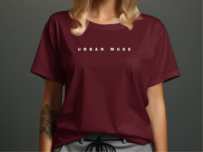 Maroon Urban Muse T-Shirt featuring the minimalist sans serif white typographic front design.