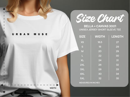 Size chart for the Urban Muse T-Shirt showing unisex chest width and length measurements from Small to 3XL.