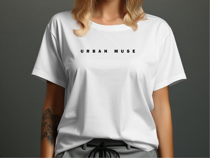 White Urban Muse T-Shirt featuring black typography, offering a refined editorial-inspired look.