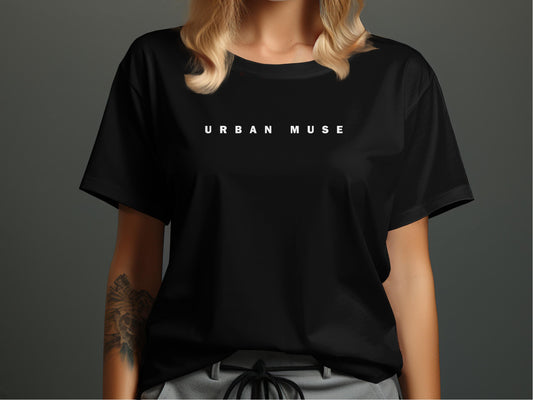Urban Muse Tee in black – soft cotton, crew neck, short sleeve, pre-shrunk design for comfortable, stylish, & lasting wear.