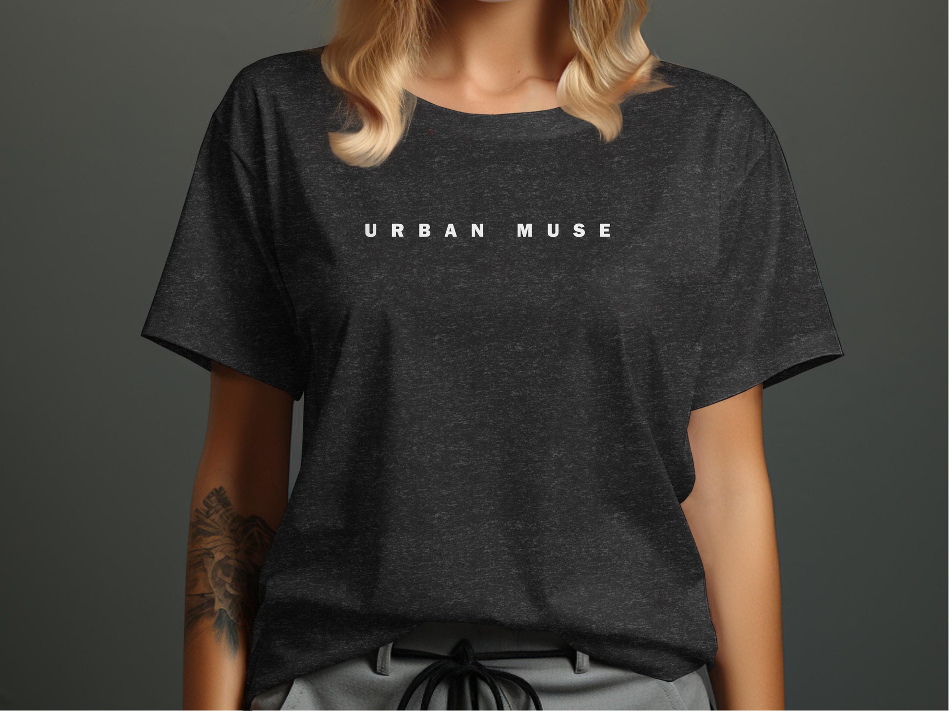 Urban Muse Tee in charcoal heather – durable short sleeve design, soft cotton, pre-shrunk for a comfortable fit