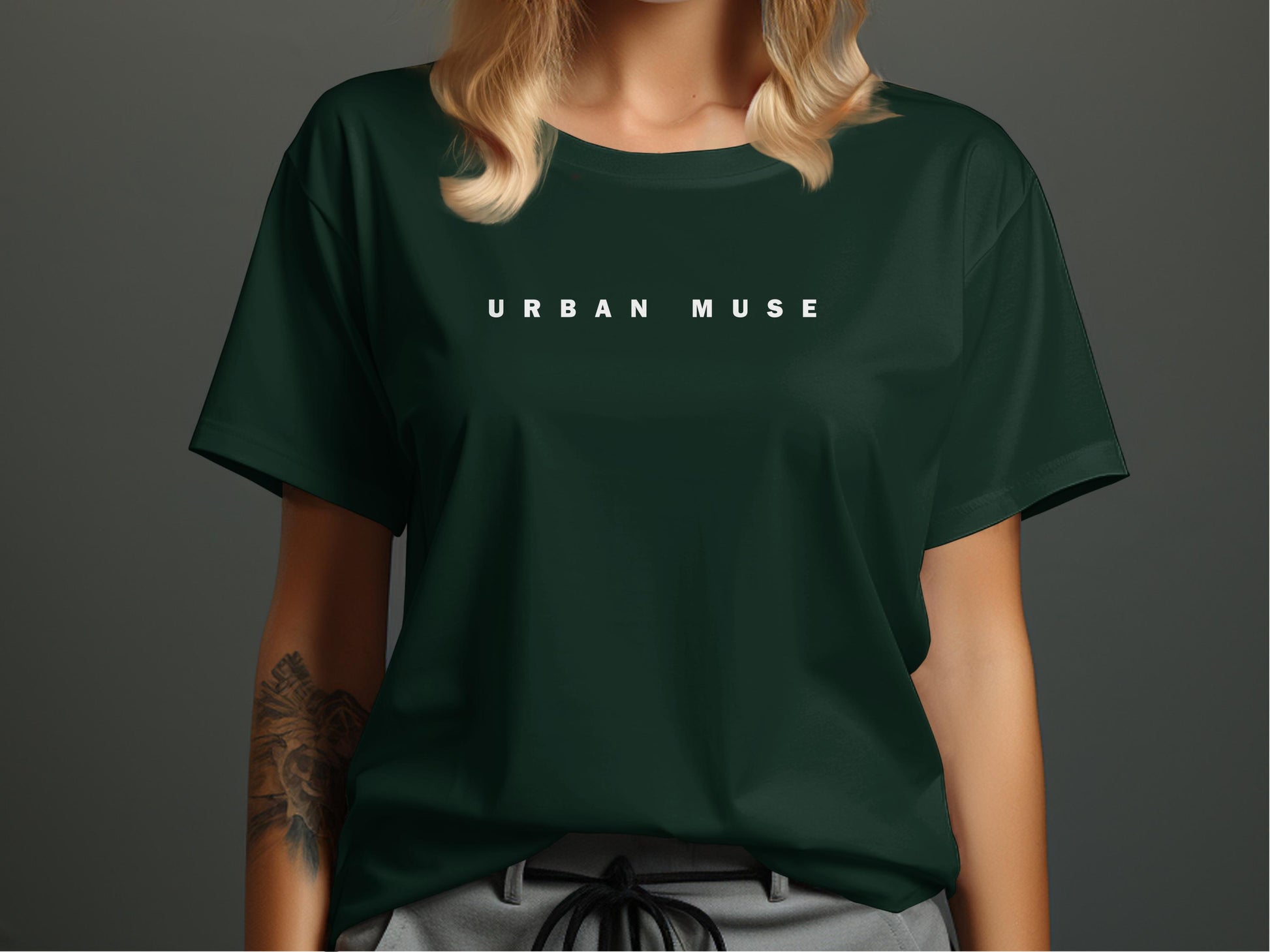 Urban Muse Tee in forest green – soft cotton, crew neck, short sleeve design, pre-shrunk to maintain shape and comfort.