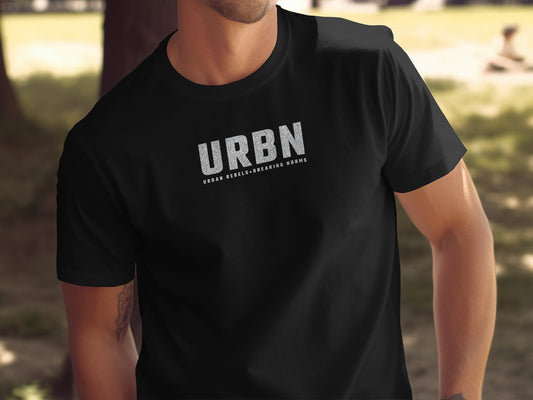 URBN T-shirt in black, featuring a bold 'Urban Rebels Breaking Norms' graphic that embodies strength and individuality.