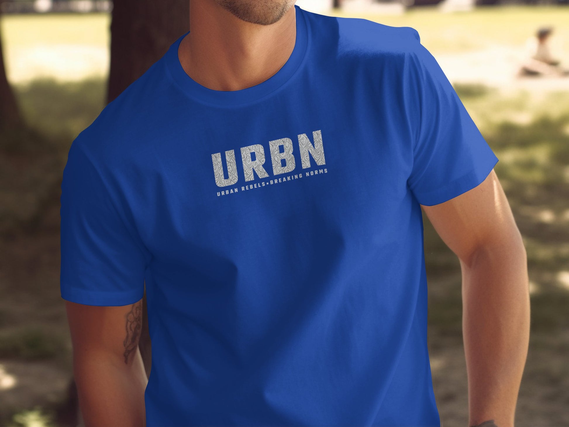 URBN T-shirt in royal blue, featuring a striking graphic that represents the spirit of urban rebels and their defiance of norms.