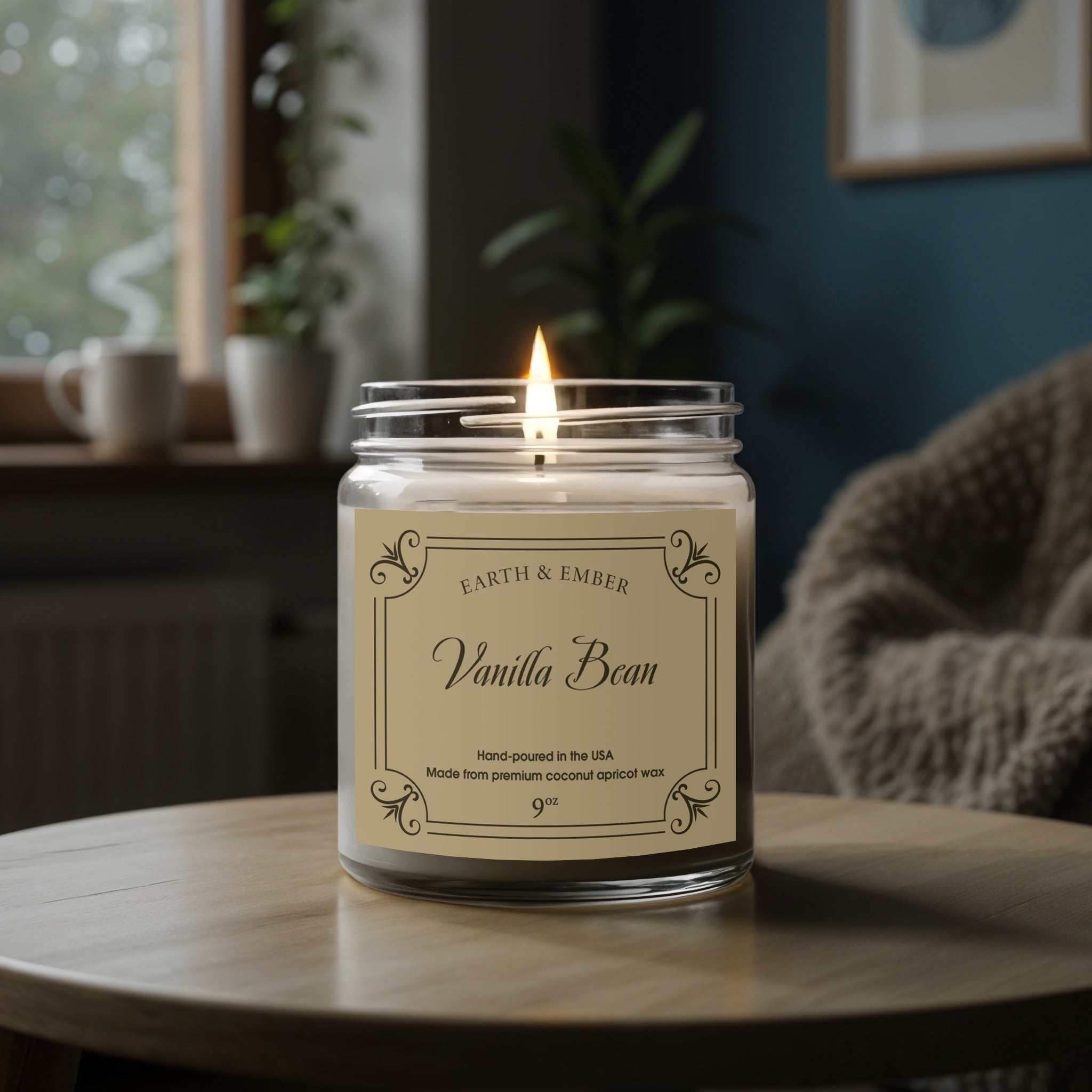 Lit Vanilla Bean scented candle 9oz in clear glass jar with heritage-inspired label and gold lid.