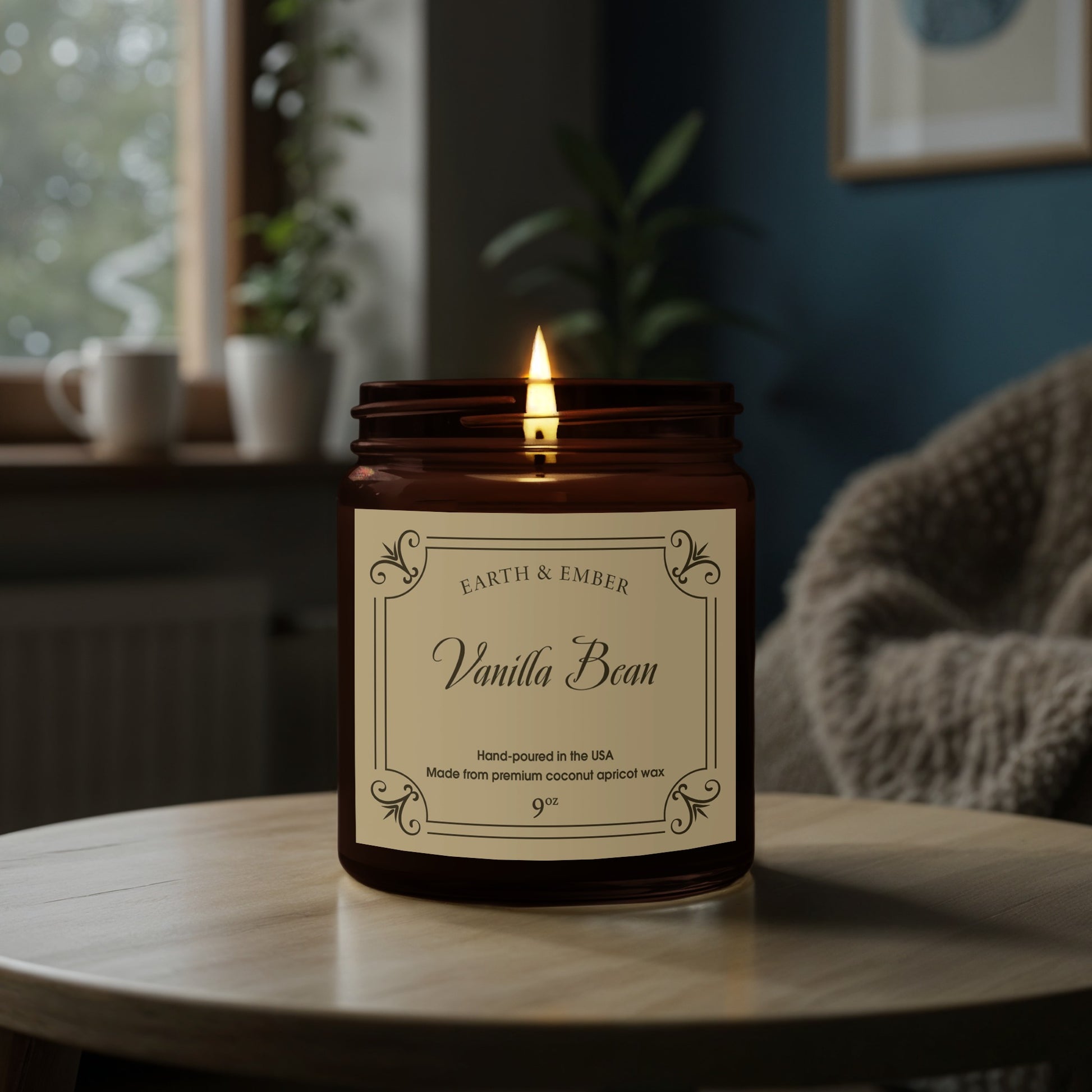 Close-up of Vanilla Bean scented candle wick and smooth eco-friendly wax showcasing rich fragrance.