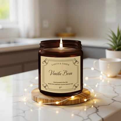 Vanilla Bean scented candle featured in trendy lifestyle setting with soft textiles and stylish home decor.