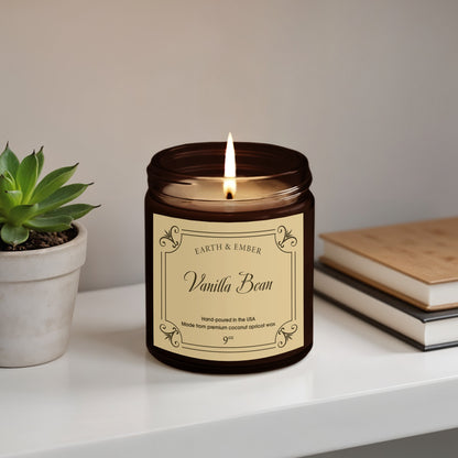 Vanilla Bean scented candle 9oz in clear jar with creamy vanilla aroma and clean, long-lasting burn.