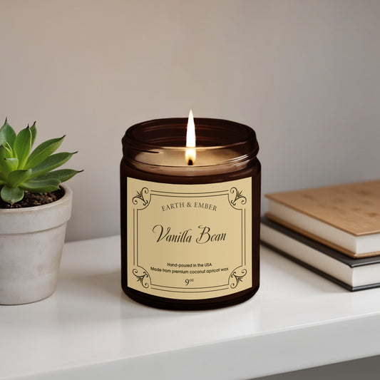 Vanilla Bean scented candle 9oz in clear jar with creamy vanilla aroma and clean, long-lasting burn.