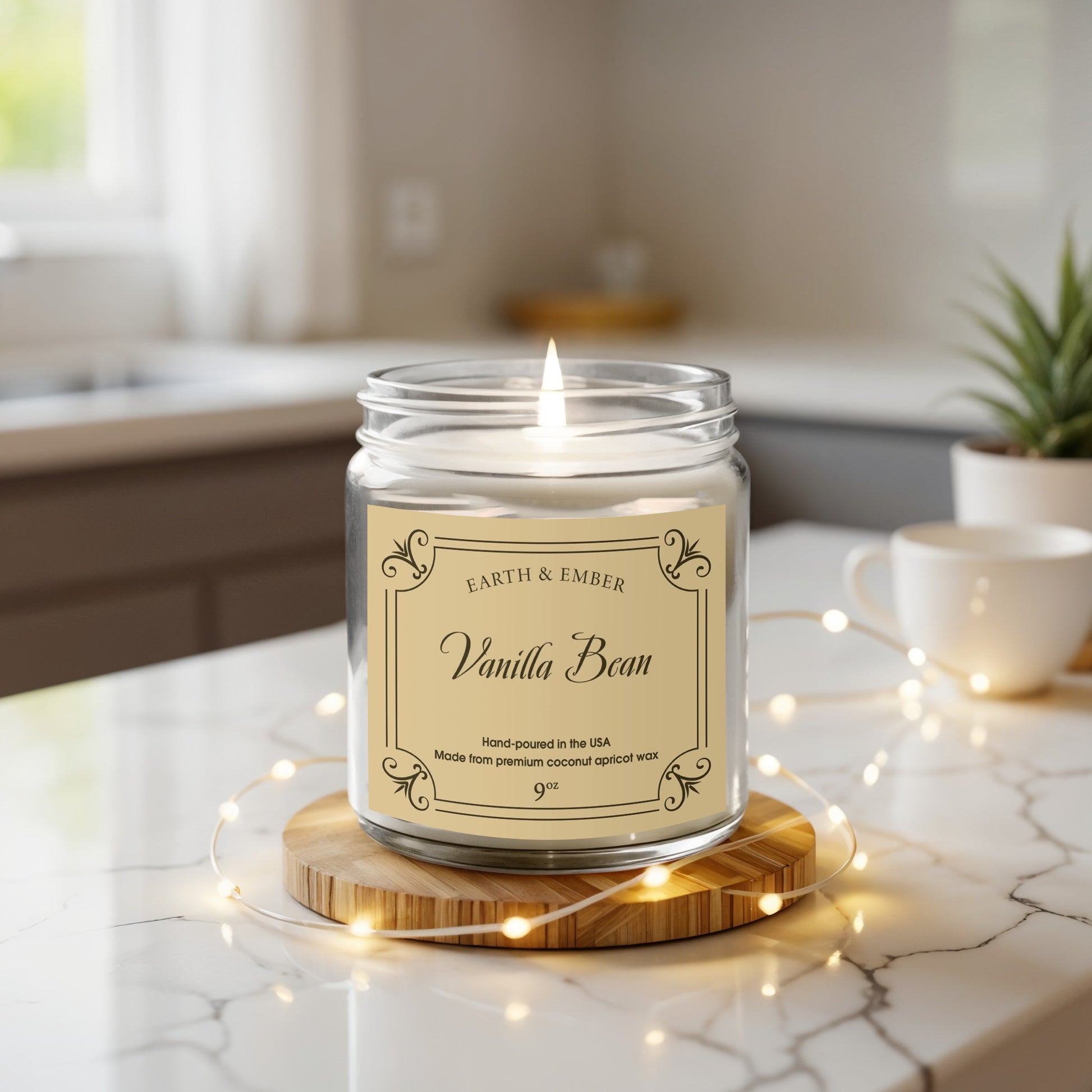 Vanilla Bean scented candle displayed with home accents and cozy elements for welcoming aromatic atmosphere.