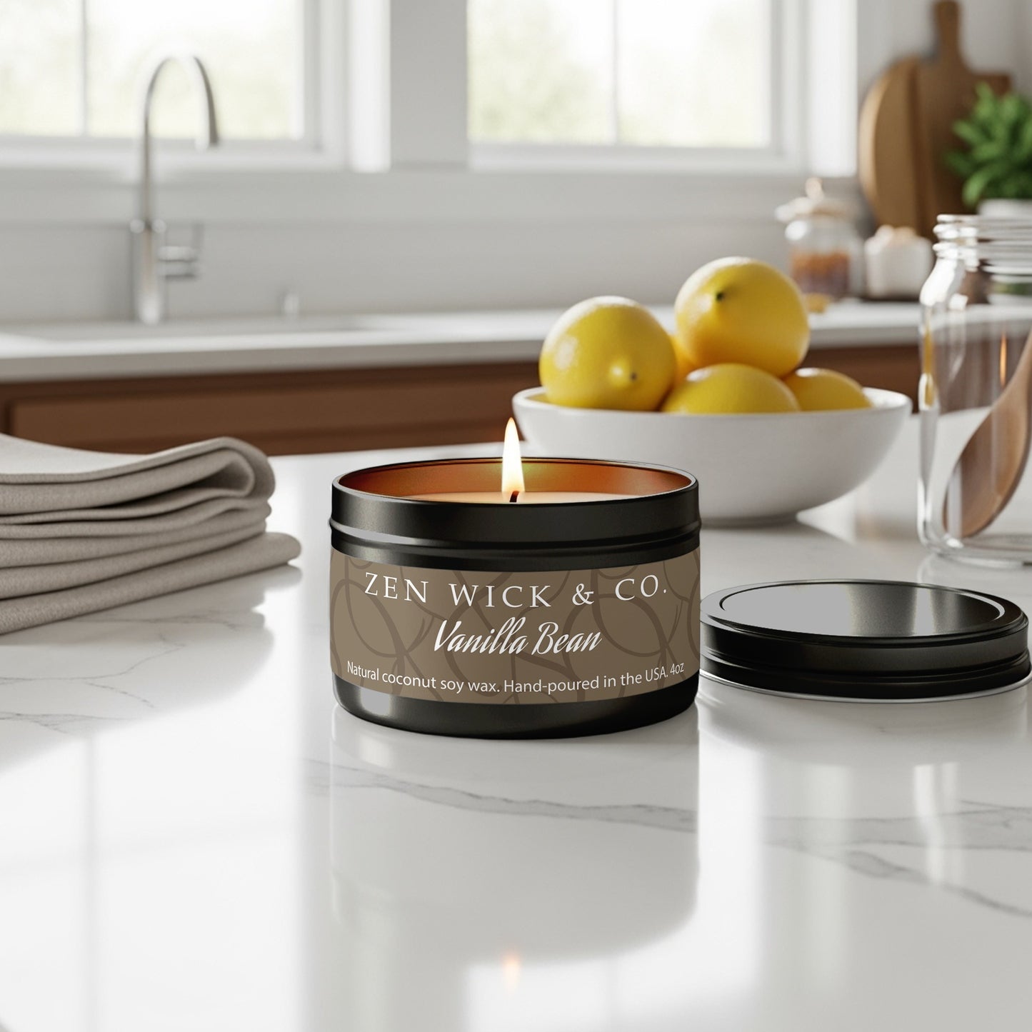 Vanilla bean scented tin candle 4oz placed on kitchen countertop bringing a subtle sweet aroma to the space.