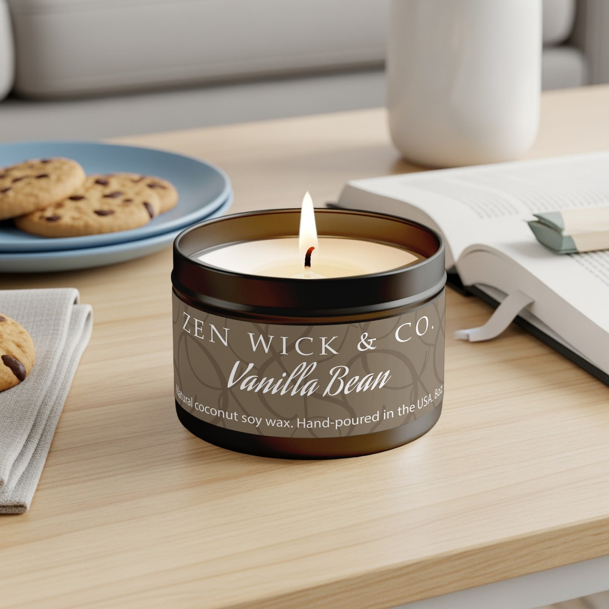 Vanilla bean scented tin candle 8oz styled on coffee table adding warmth and elegance to modern home decor.