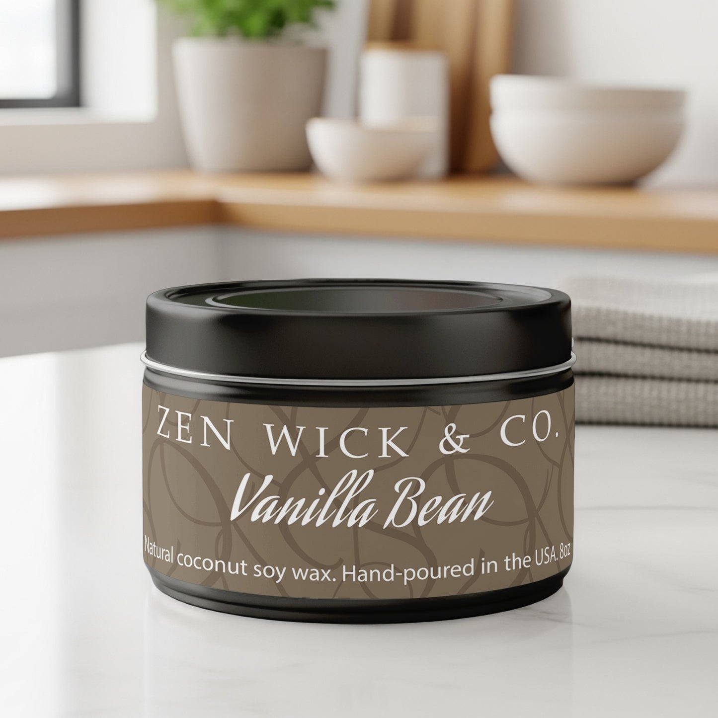 Vanilla bean scented tin candle 8oz with lid on featuring sleek reusable tin design for storage or decor use.