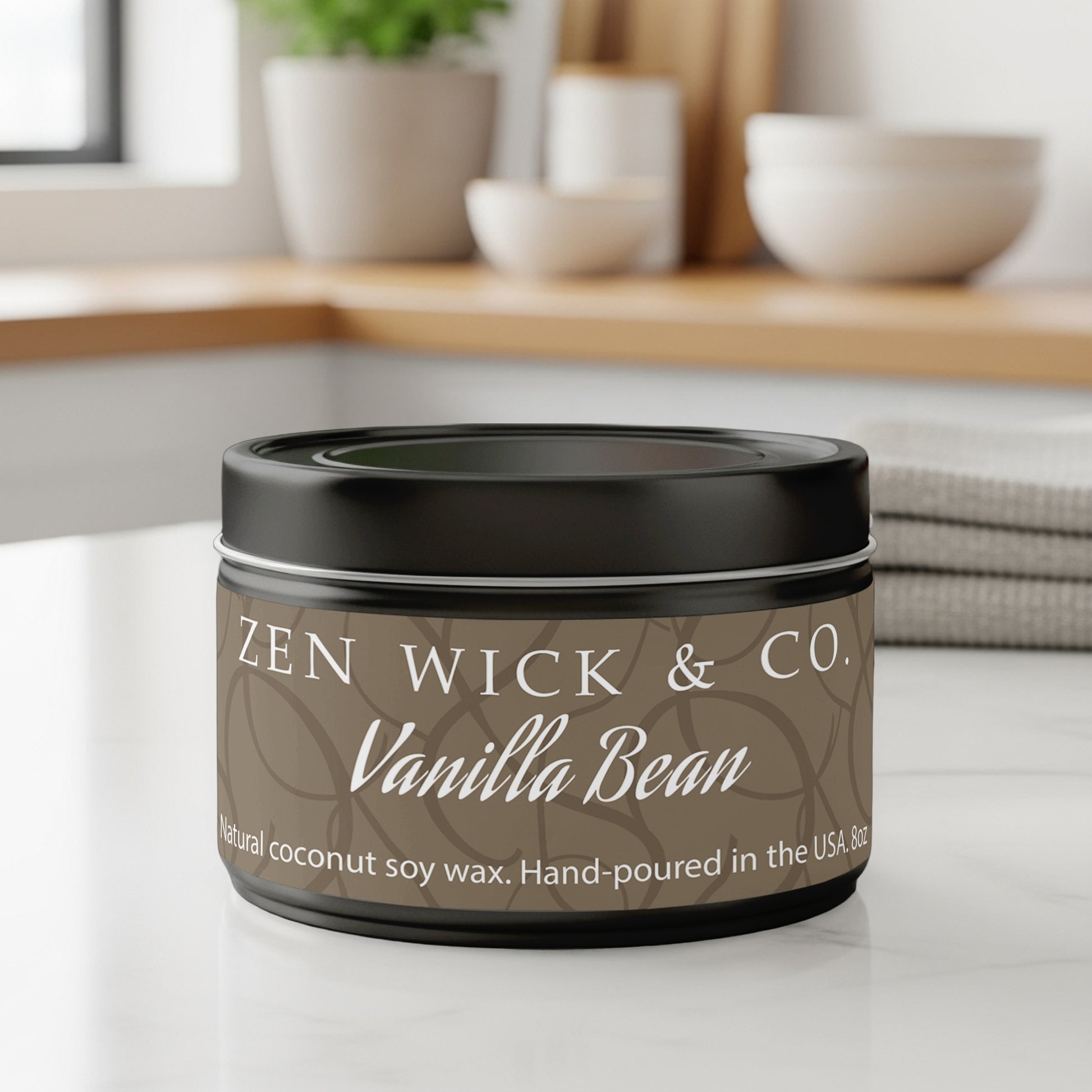 Vanilla bean scented tin candle 8oz with lid on featuring sleek reusable tin design for storage or decor use.
