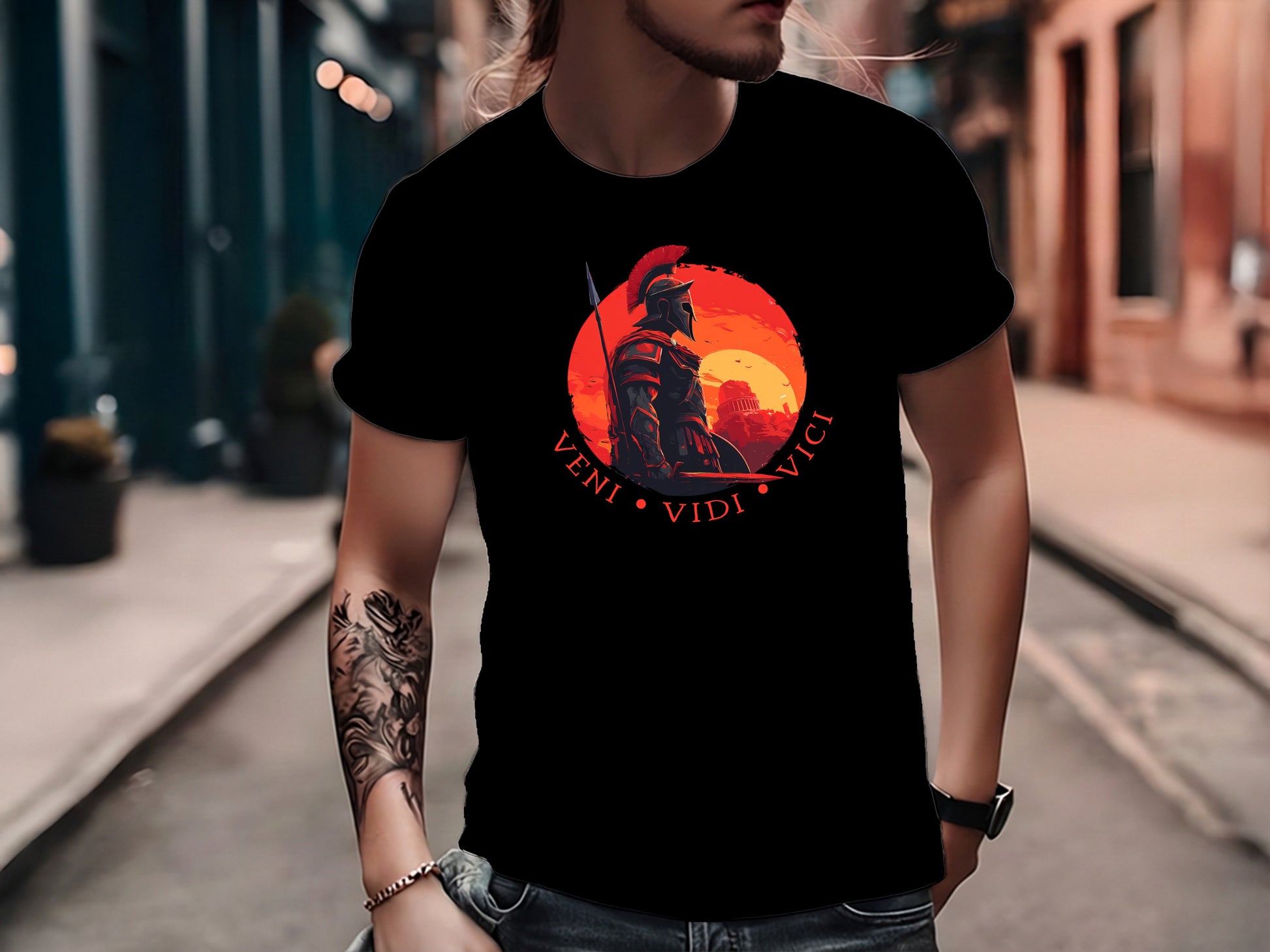 Black Veni Vidi Vici T-shirt featuring Roman warrior silhouette and circular classical emblem design.