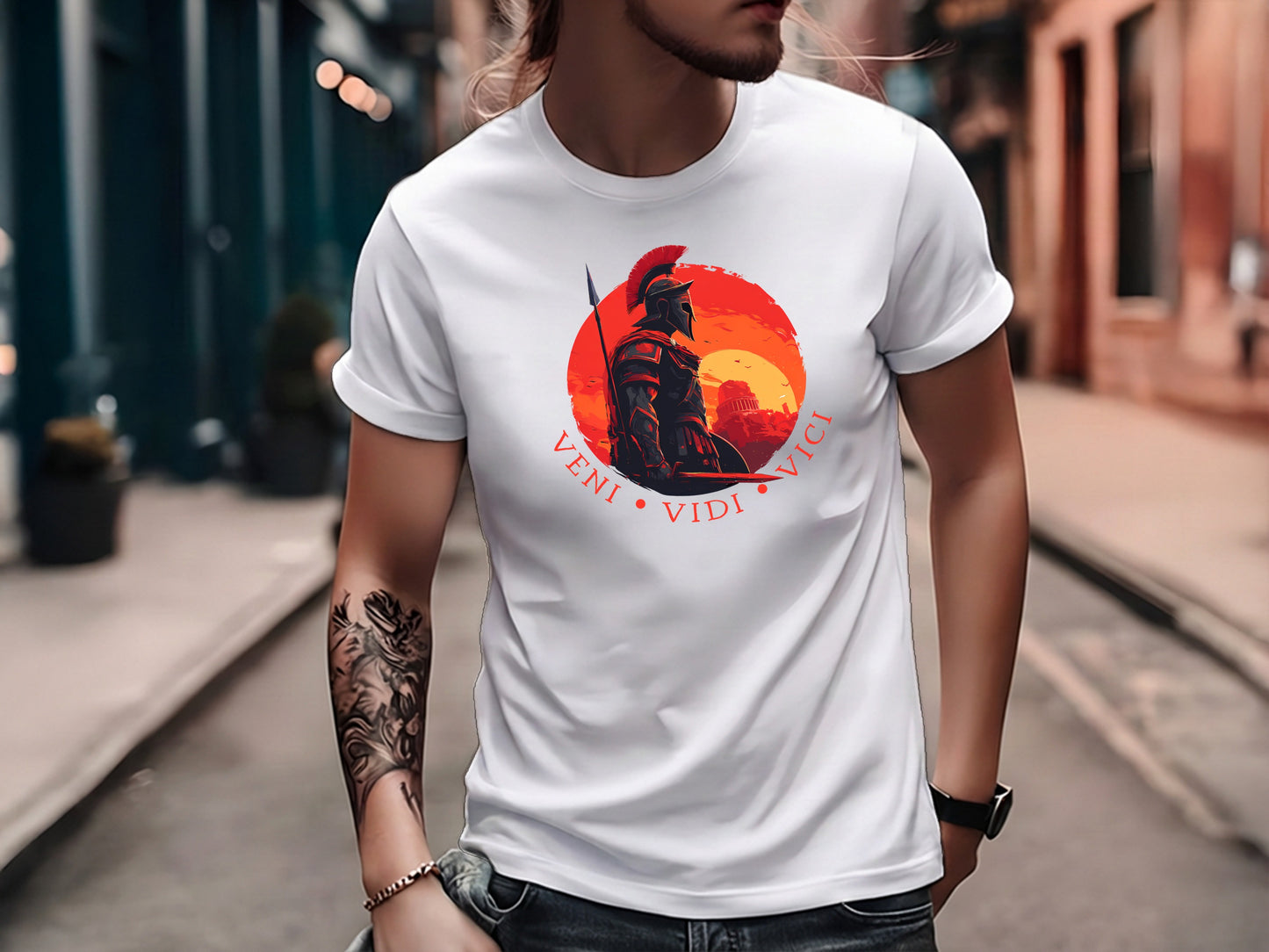 White Veni Vidi Vici T-shirt with Roman warrior illustration and circular badge-style Latin typography.
