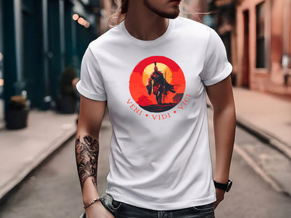 White Veni Vidi Vici T-shirt with bold Roman warrior illustration and circular framed classical text.