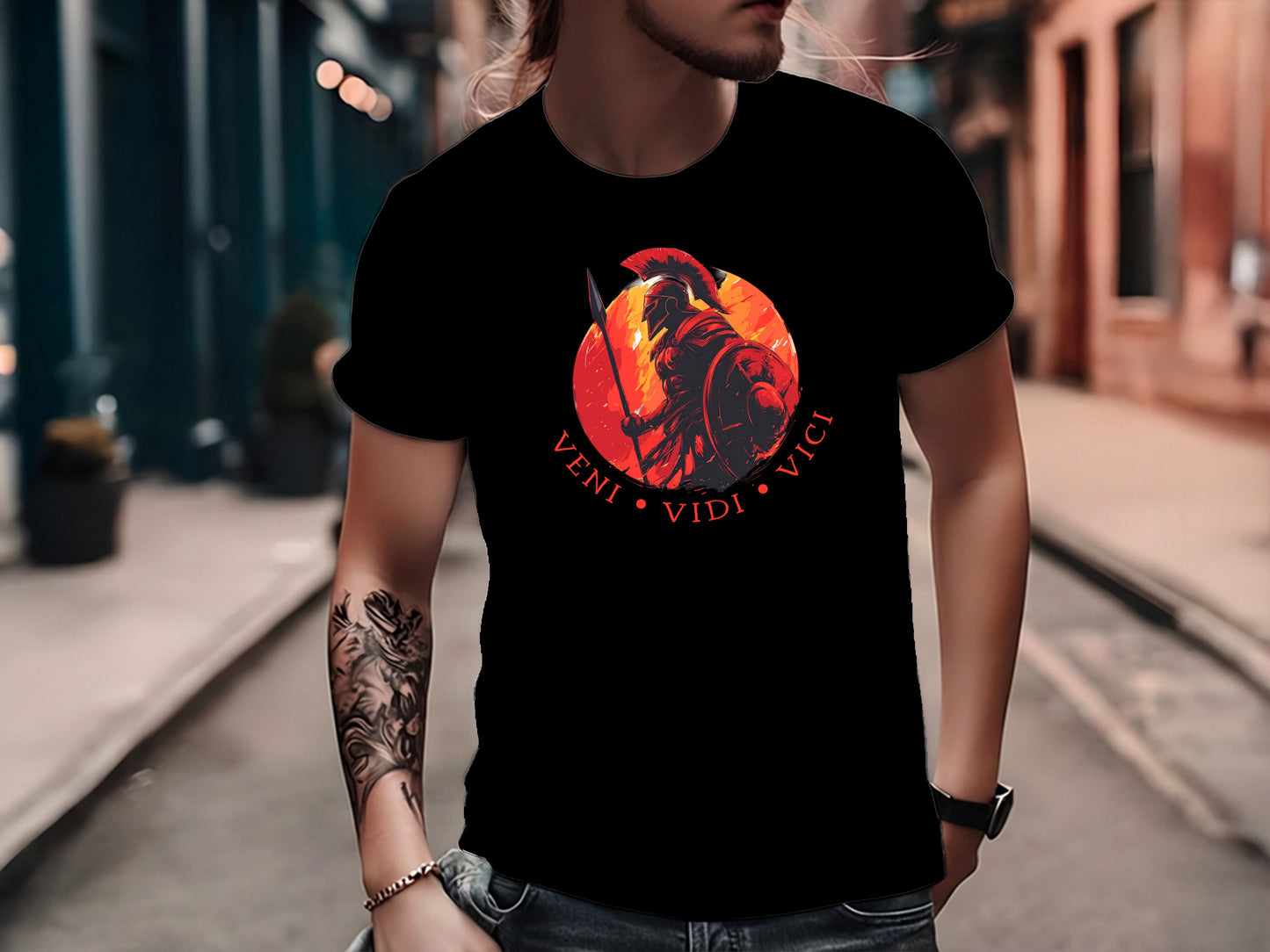Black Veni Vidi Vici T-shirt with Roman warrior illustration and circular classical typography composition.