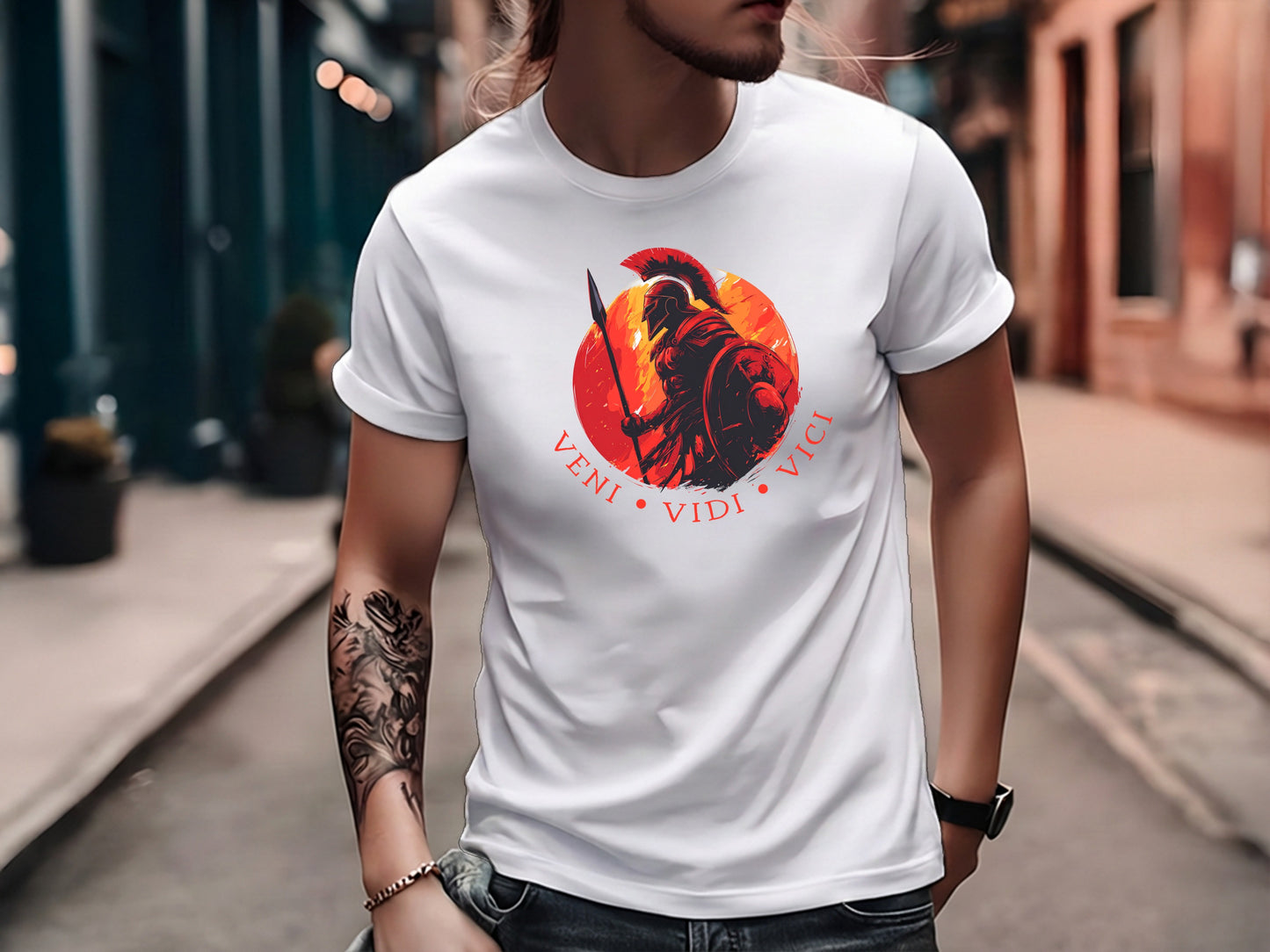 White Veni Vidi Vici T-shirt featuring Roman warrior graphic and centred circular Latin typography design.
