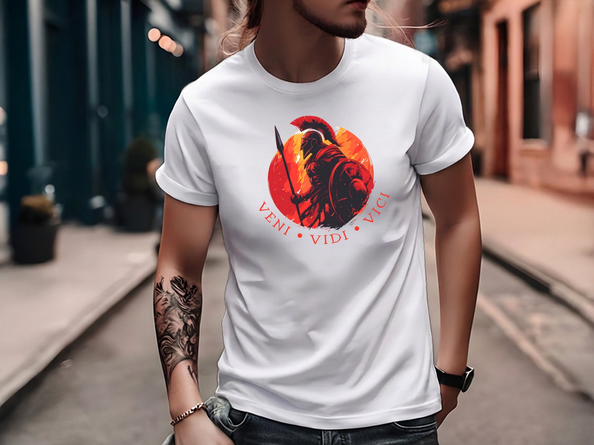 White Veni Vidi Vici T-shirt featuring Roman warrior graphic and centred circular Latin typography design.