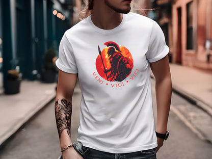 White Veni Vidi Vici T-shirt featuring Roman warrior graphic and centred circular Latin typography design.