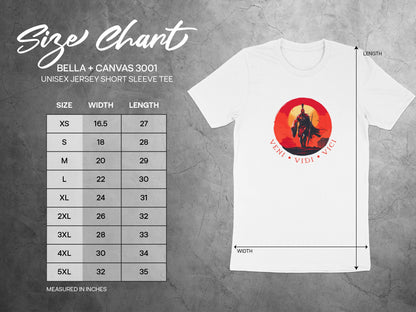 Veni Vidi Vici T-shirt size chart showing chest width and body length measurements for unisex sizing S–3XL.