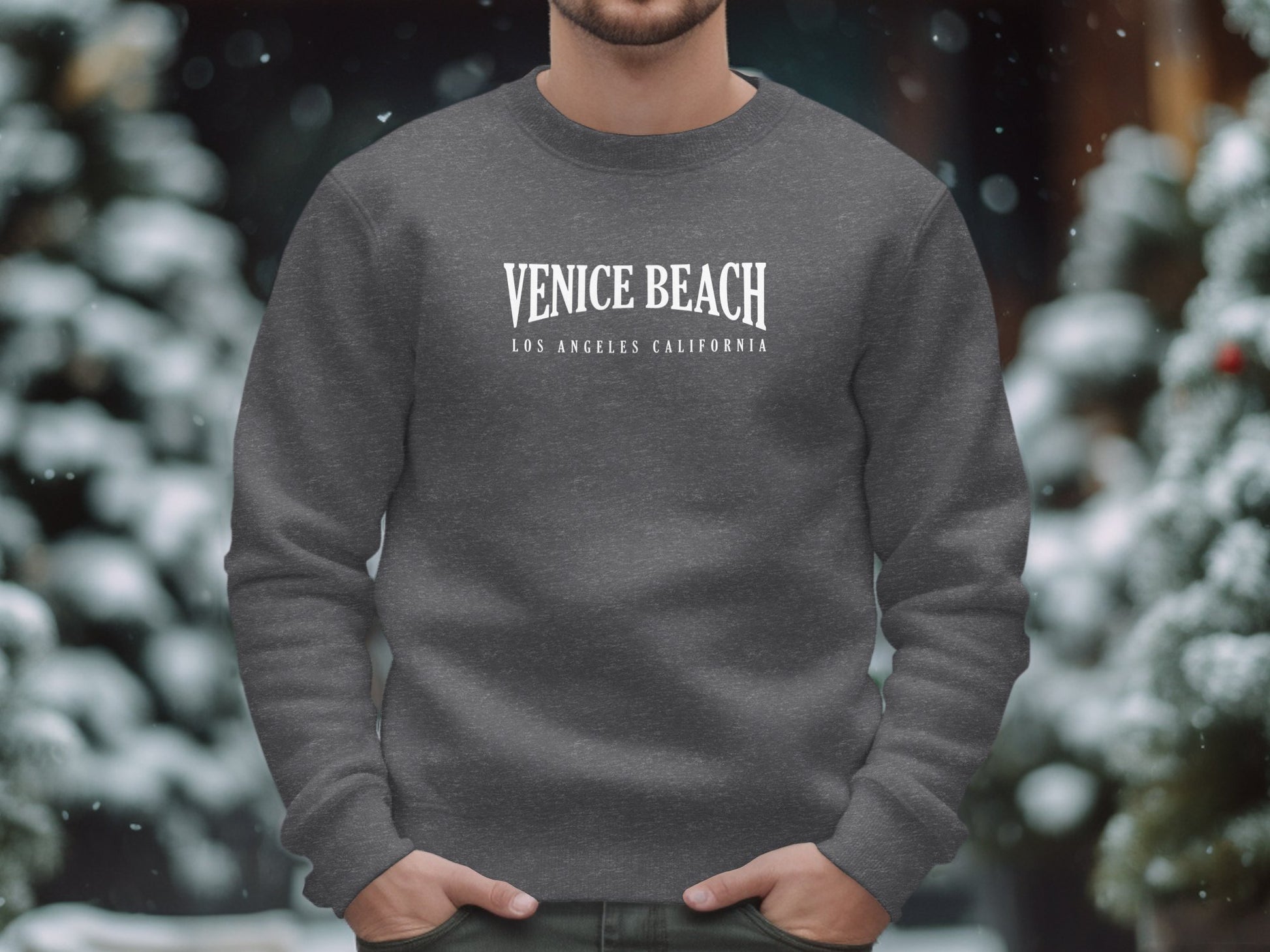 Dark heather Venice Beach Sweatshirt with vintage collegiate arch typography and Americana destination layout at centre-chest.