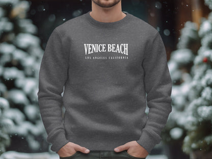 Dark heather Venice Beach Sweatshirt with vintage collegiate arch typography and Americana destination layout at centre-chest.