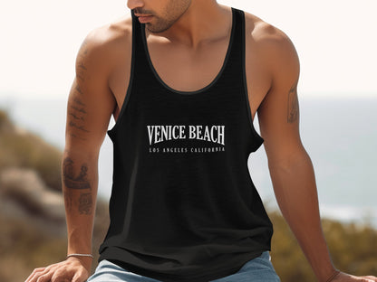 Black Venice Beach Tank Top in cotton, scoop neck and sleeveless cut, unisex fit with trendy coastal vibe.