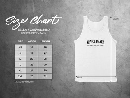 Venice Beach Tank Top size chart showing unisex fit from small to 2XL with chest and length details.