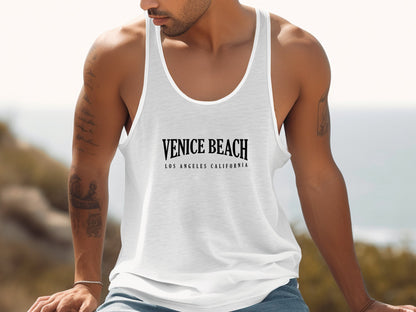 White Venice Beach Tank Top, sleeveless unisex scoop neck in light cotton, made for sunny day comfort and casual wear.
