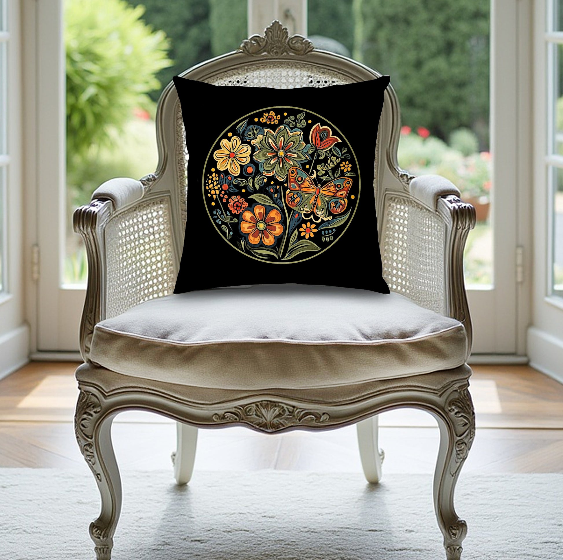 Vibrant Floral throw pillow with colourful botanical design, crafted from soft poly-poplin fabric with insert included.