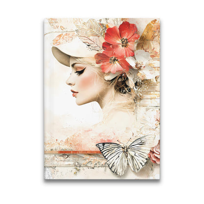 Vintage Floral Writing Journal featuring a female profile with coral poppies, white blossoms, and gold leaf accents.