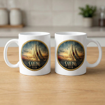 Two Vintage Sailing Club 11oz ceramic mugs displaying nautical sailing emblem from both sides with c-handle.