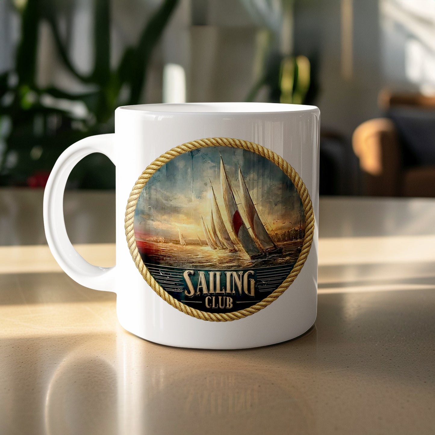 Vintage Sailing Club 11oz ceramic mug featuring sailing yachts, rope-bordered emblem and dramatic coastal skies.