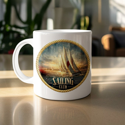 Vintage Sailing Club 11oz ceramic mug featuring sailing yachts, rope-bordered emblem and dramatic coastal skies.
