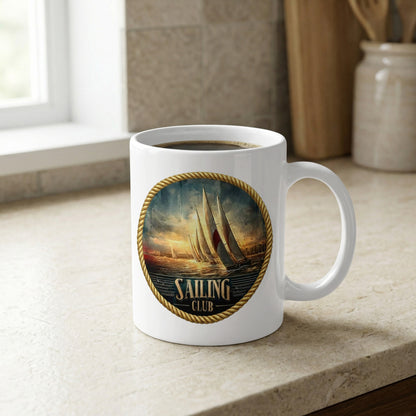 11oz coffee mug with 'Sailing Club' text displayed on kitchen counter featuring sailing yacht artwork.