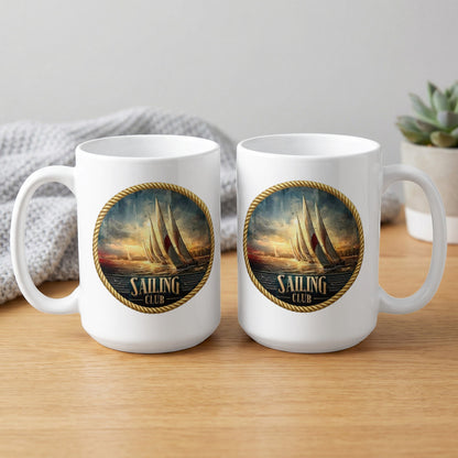 Two Sailing Club 15oz mugs showcasing rope-bordered sailing club artwork on both sides.