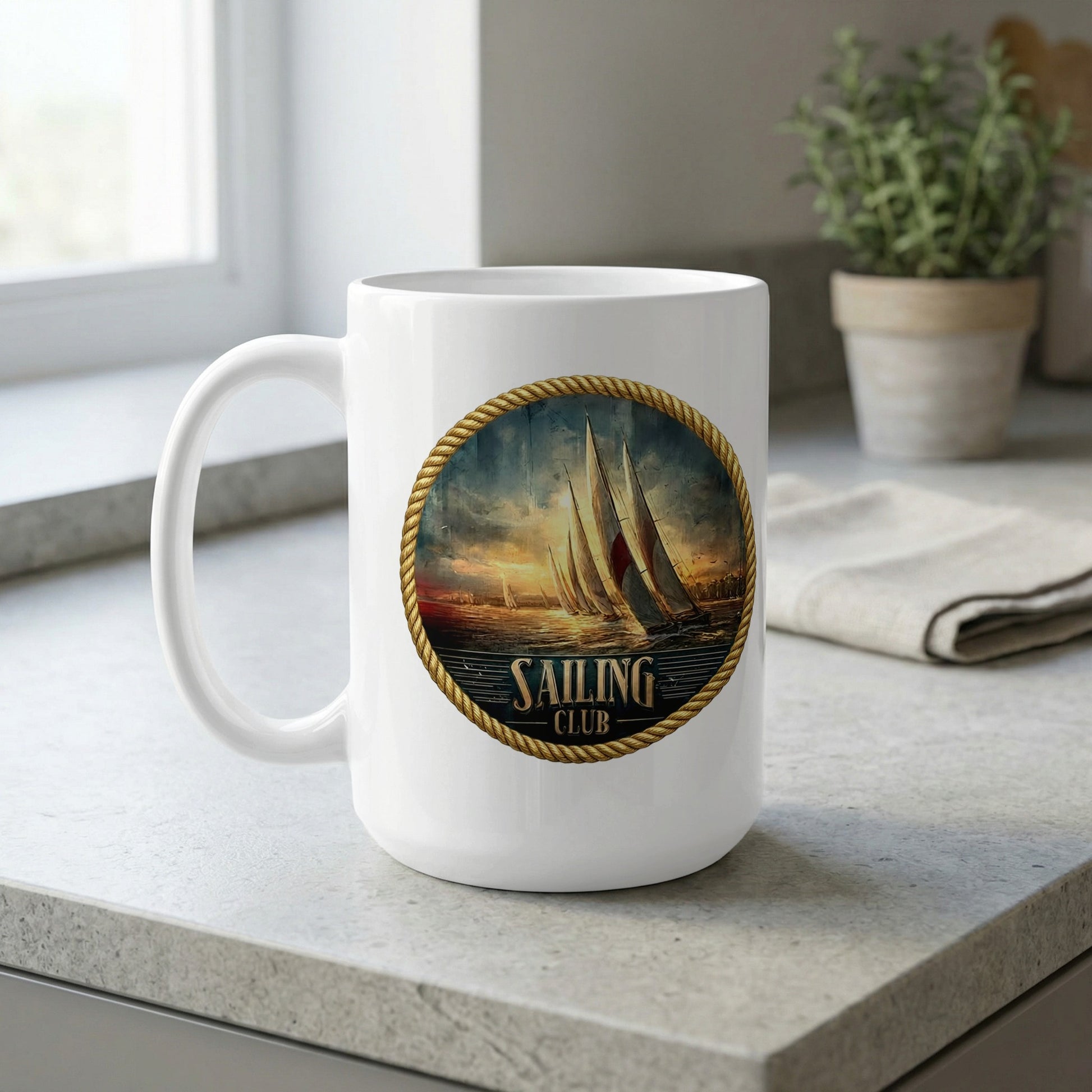 Vintage Sailing Club 15oz ceramic mug by window featuring dramatic sailing yachts and coastal sky in circular design.