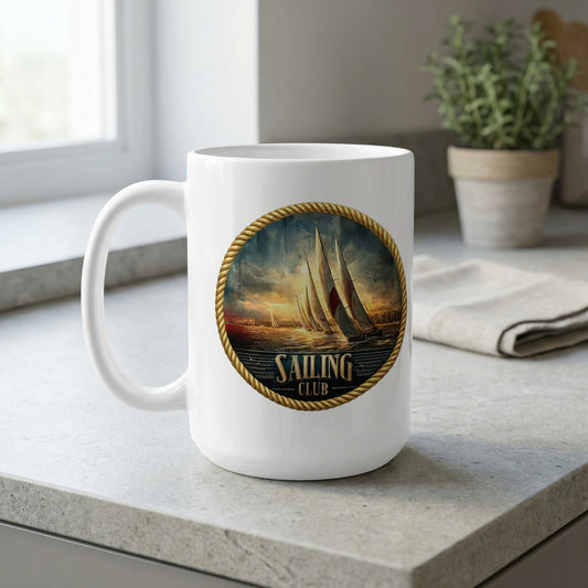 Vintage Sailing Club 15oz ceramic mug by window featuring dramatic sailing yachts and coastal sky in circular design.