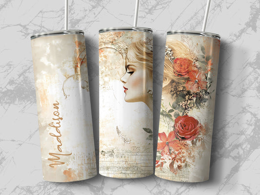 Custom name skinny tumbler showcasing a serene female profile surrounded by coral florals and sage foliage.
