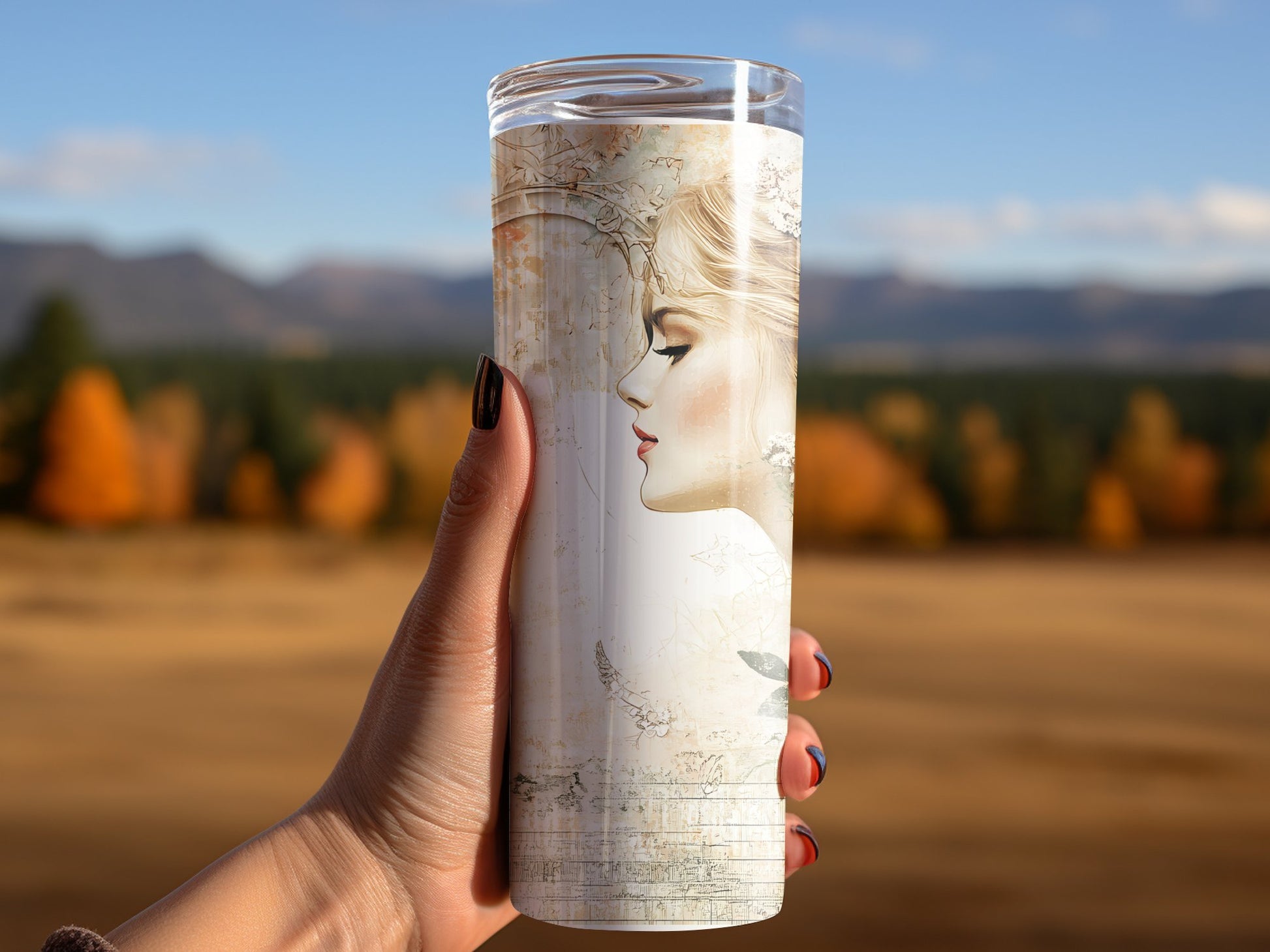 Woman using vintage woman tumbler, insulated 20oz tumbler with retro design for a nostalgic, chic look