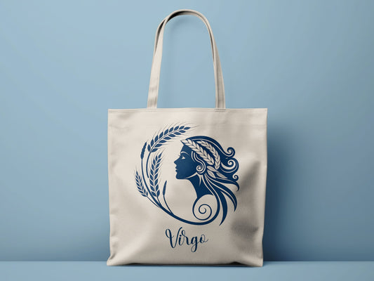 Virgo Tote Bag with detailed wheat framing, graceful profile artwork, and centred Virgo lettering beneath.