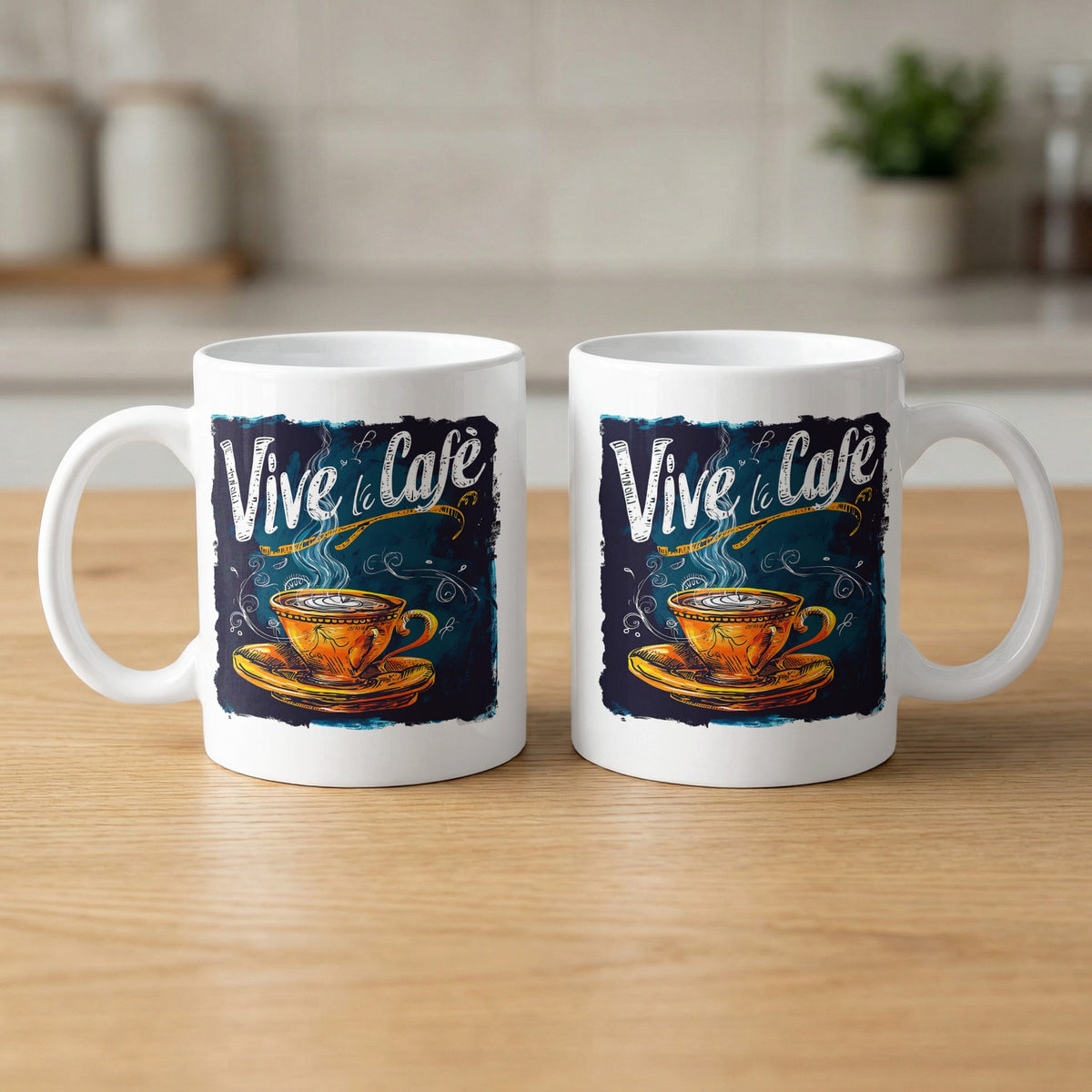 11oz Vive le Cafe Chalk Art Mug showing front and back with two-sided artwork and expressive white lettering.