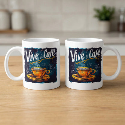 11oz Vive le Cafe Chalk Art Mug showing front and back with two-sided artwork and expressive white lettering.