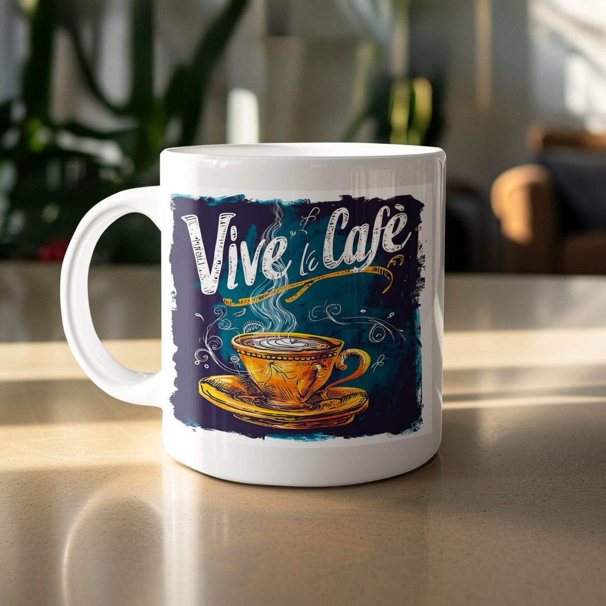Vive le Cafe Chalk Art coffee mug in white ceramic featuring bold chalk-style lettering, a golden coffee cup and navy-teal artwork.