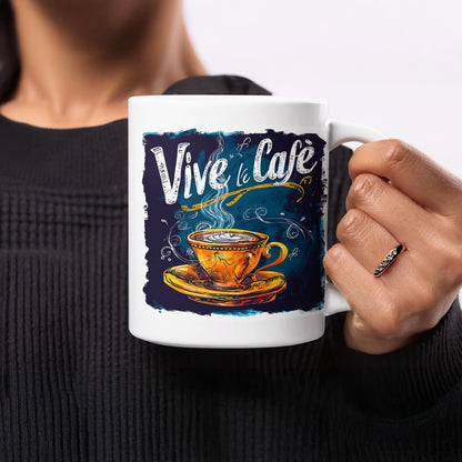 11oz Vive le Cafe Chalk Art Mug held in hand, showing its compact size and colourful illustrated cafe design.