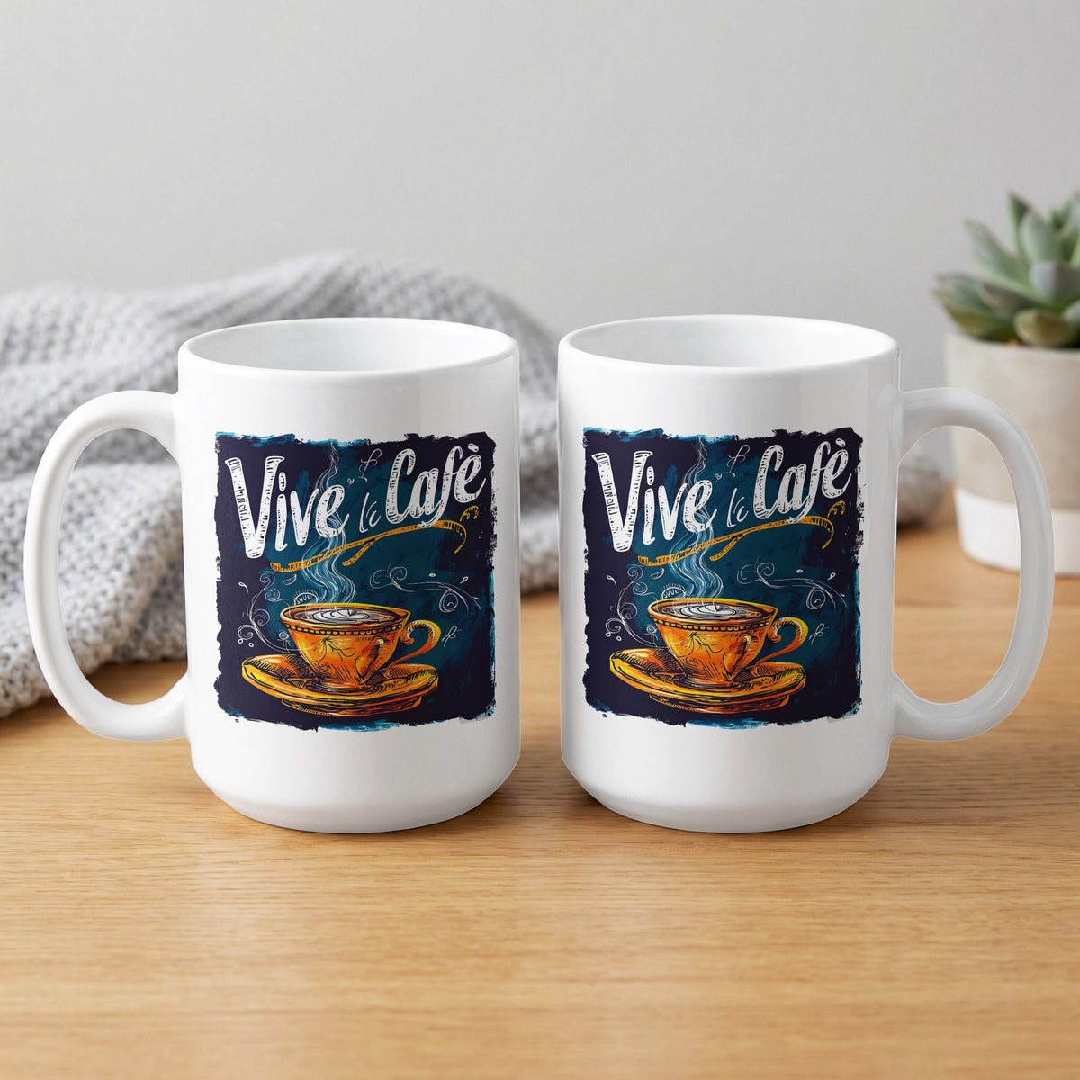 Two 15oz Vive le Cafe Chalk Art mugs showing front and back, with two-sided cafe artwork and chalk-style typography.