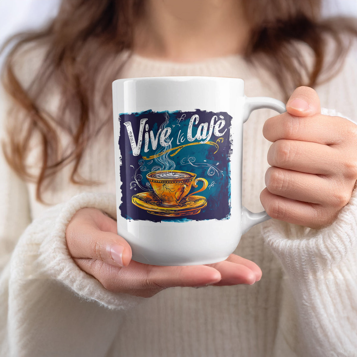 15oz Vive le Cafe Chalk Art Mug held in hand, highlighting its larger capacity, ceramic finish, and vibrant chalk-art styling.